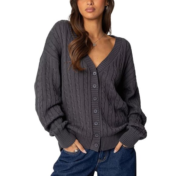 Edikted Francine Oversized V Neck Cardigan Dark Gray - Picture 1 of 3